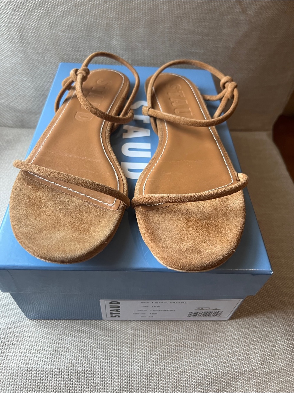 Staud Suede Strappy Flat Sandals in Tan, size 40